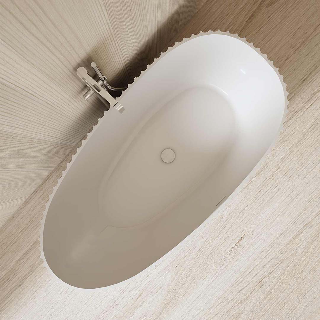 Cada de baie, freestanding, 1700x850x580 mm, din compozit, ovala, alb mat, cu riflaje, MonBlari