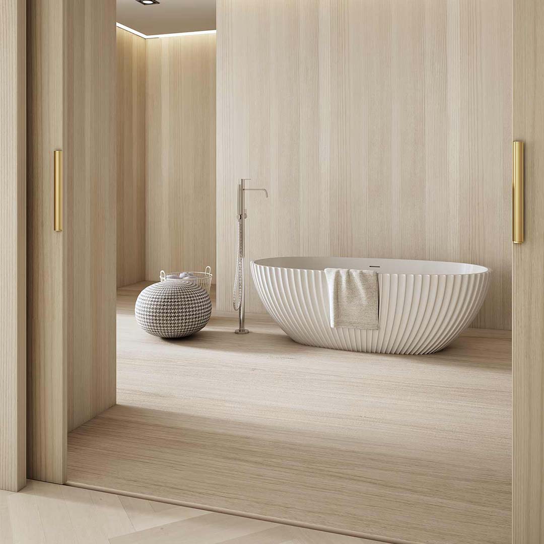 Cada de baie, freestanding, 1700x850x580 mm, din compozit, ovala, cu preaplin, alb mat, cu riflaje, MonBlari