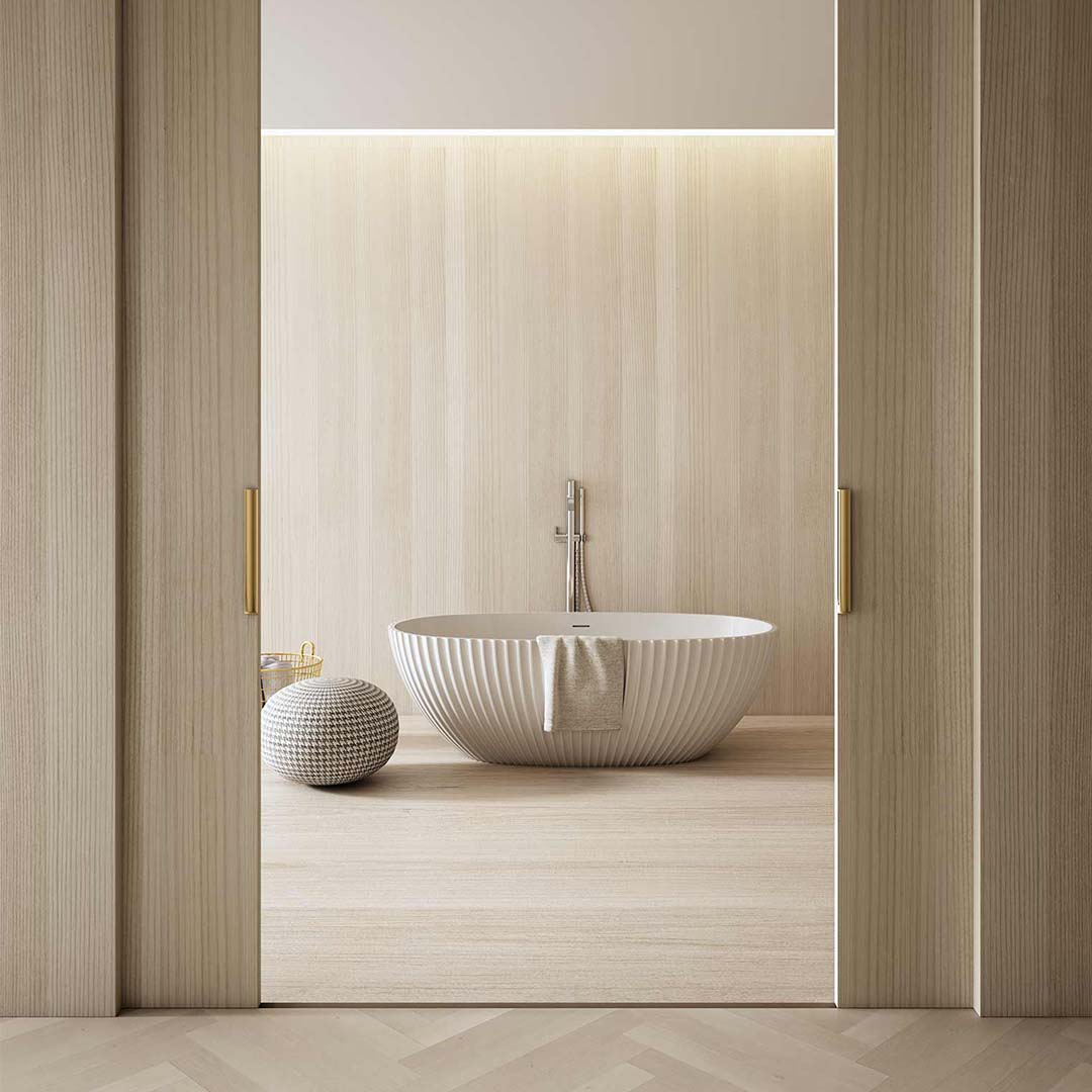 Cada de baie, freestanding, 1700x850x580 mm, din compozit, ovala, cu preaplin, alb mat, cu riflaje, MonBlari