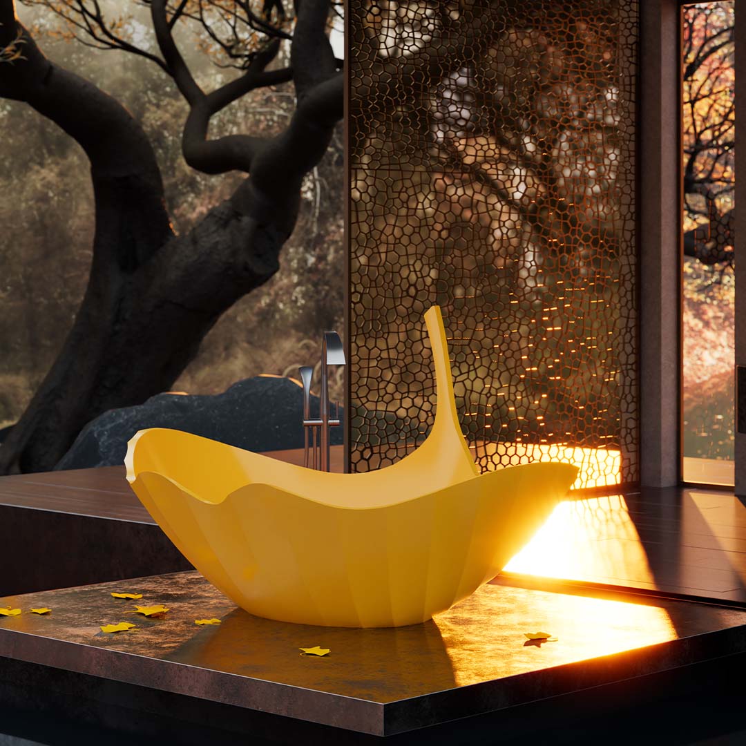 Cada de baie, freestanding, 1760X1250X950 mm , galben, compozit, forma de frunza, MonBlari Ginknova