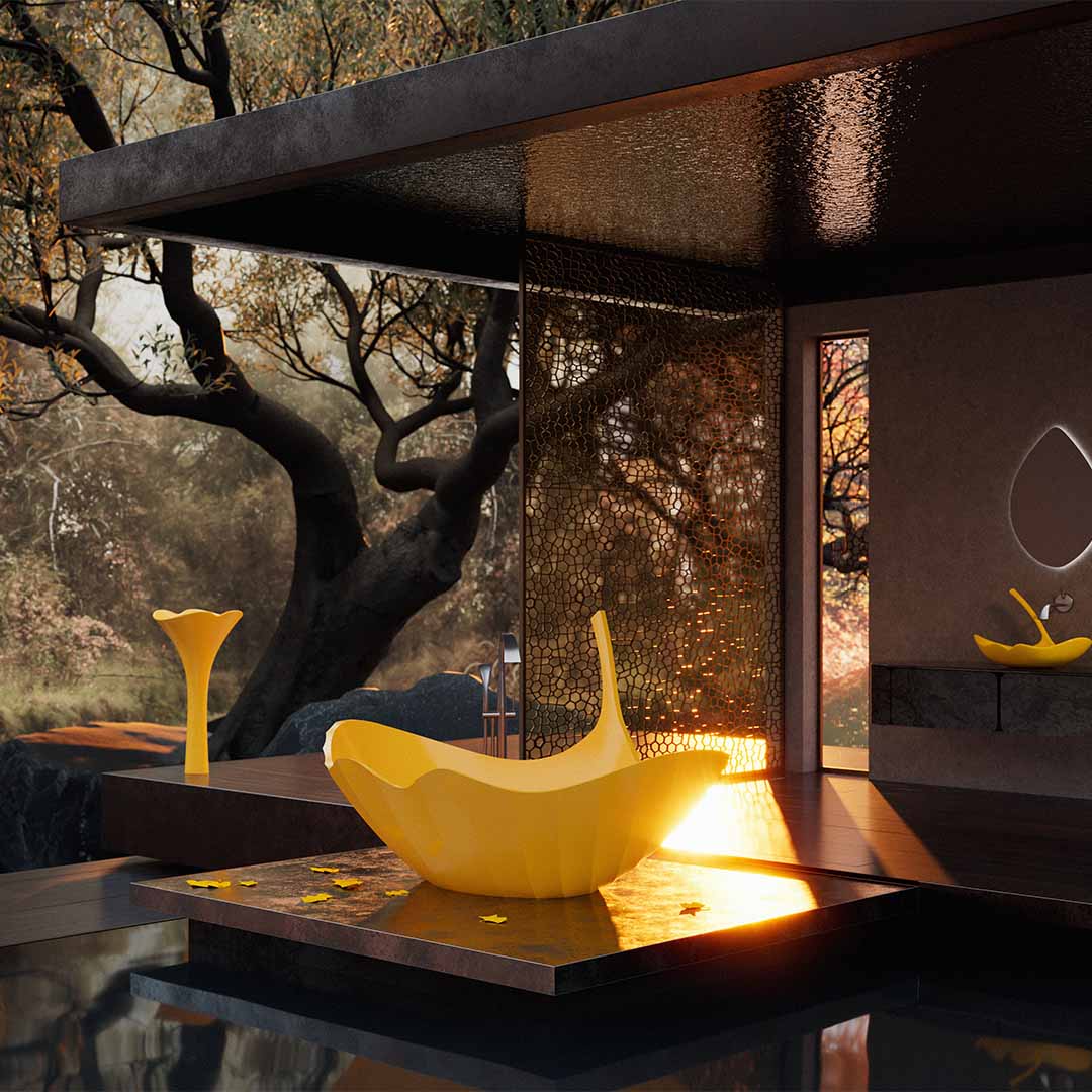 Cada de baie, freestanding, 1760X1250X950 mm , galben, compozit, forma de frunza, MonBlari Ginknova