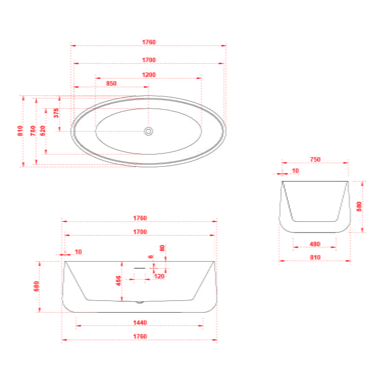 Cada de baie, freestanding, 1760x810x580, din acril, alb mat, MonBlari