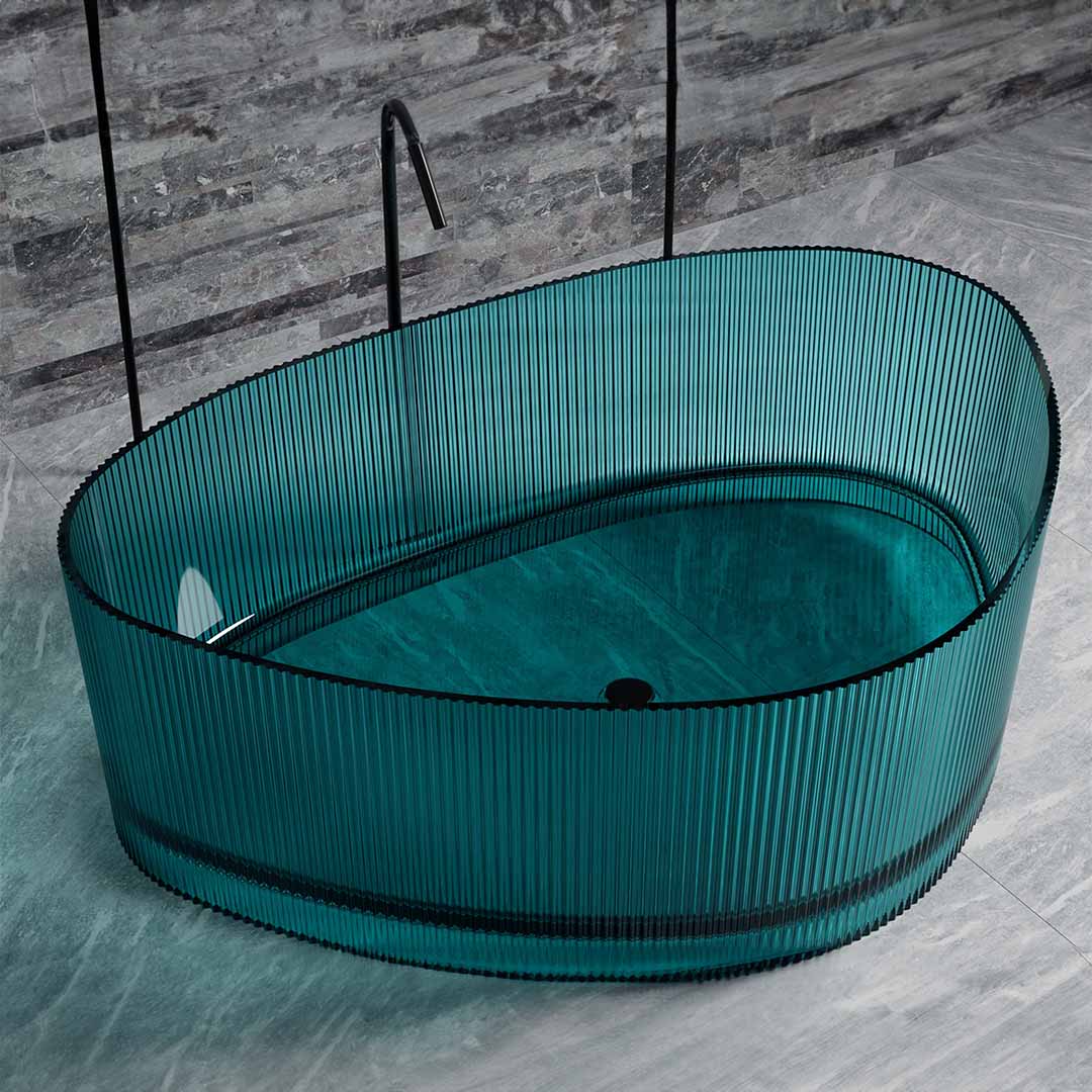 Cada de baie, freestanding, 1800x1300x550, din rasina, ovala, cu riflaje, albastru transparent, MonBlari