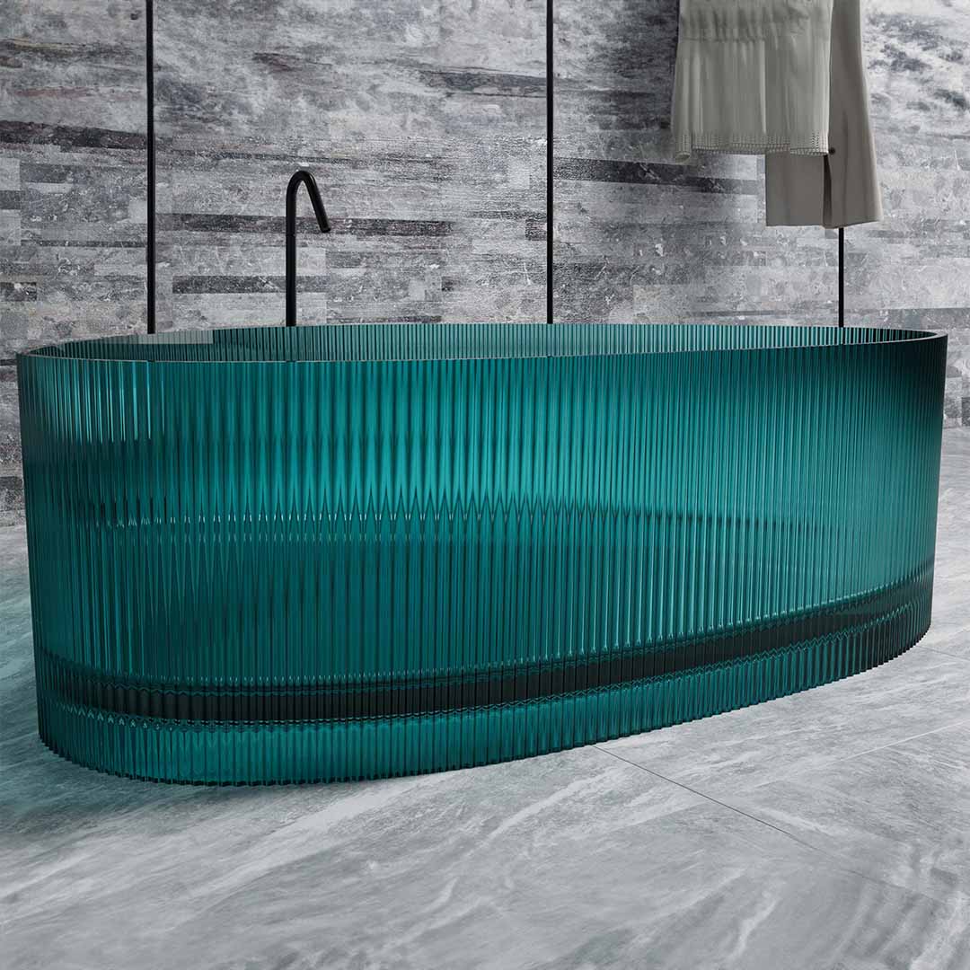 Cada de baie, freestanding, 1800x1300x550, din rasina, ovala, cu riflaje, albastru transparent, MonBlari