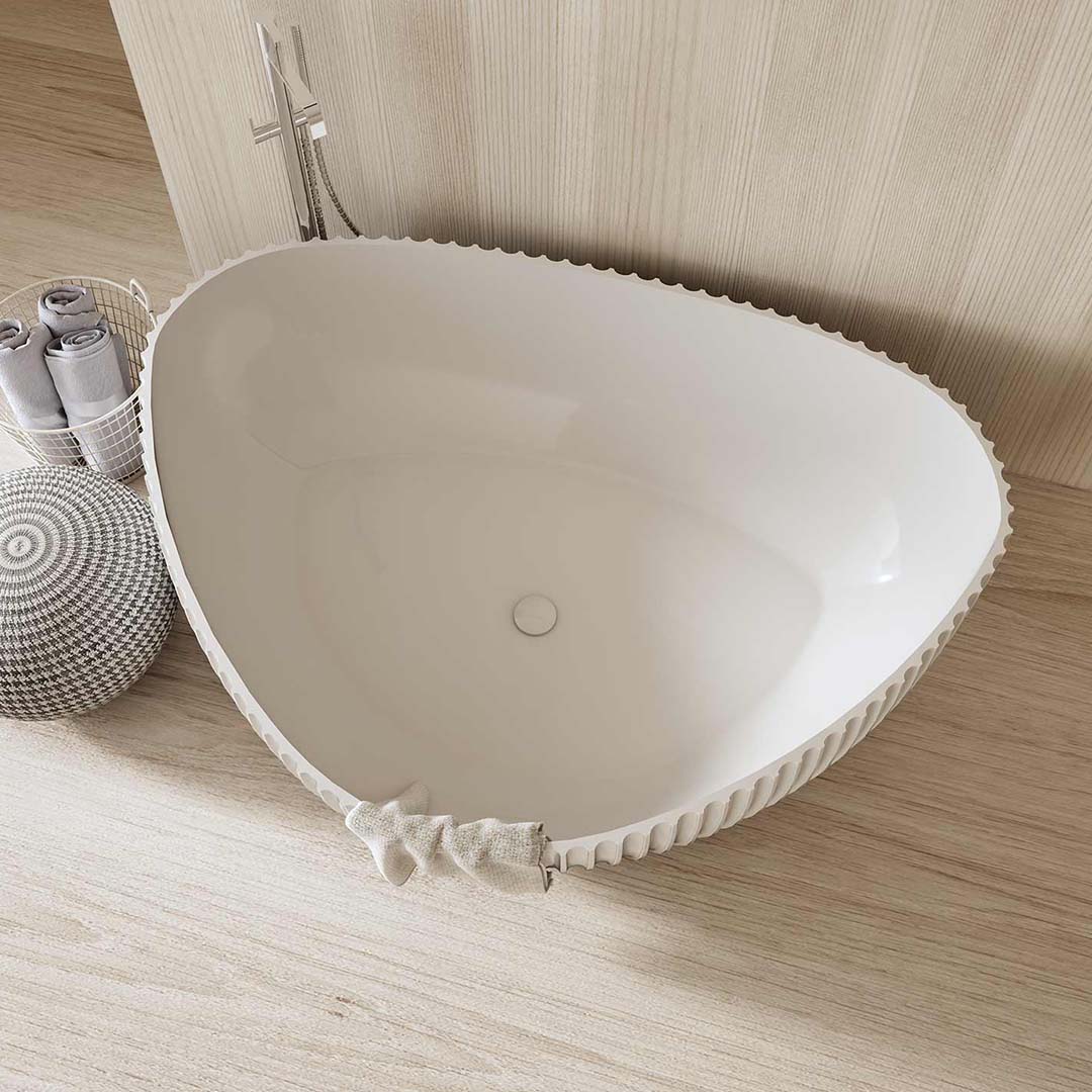 Cada de baie, freestanding, 1800x1300x580 mm, din compozit, ovala, margine curbata, alb mat, cu riflaje, MonBlari