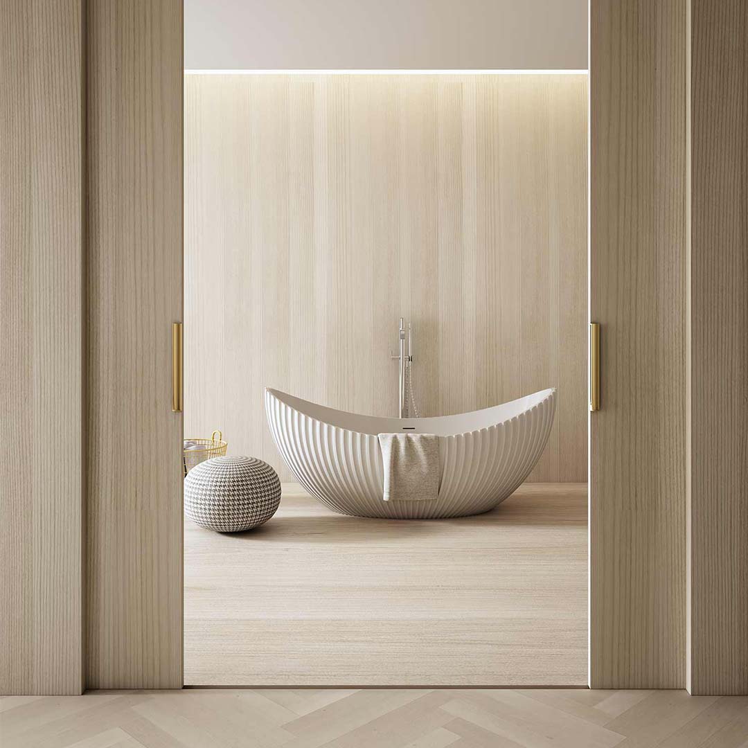 Cada de baie, freestanding, 1800x800x750 mm, din compozit, ovala, cu preaplin, alb mat, cu riflaje, MonBlari