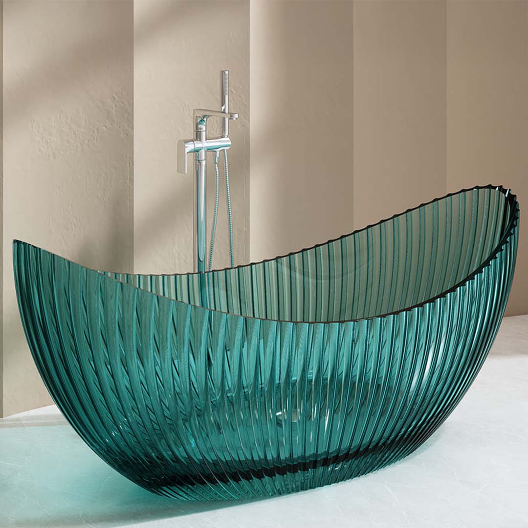 Cada de baie, freestanding, 1800x800x750 mm, din rasina, ovala, turcoaz transparent, cu riflaje, MonBlari