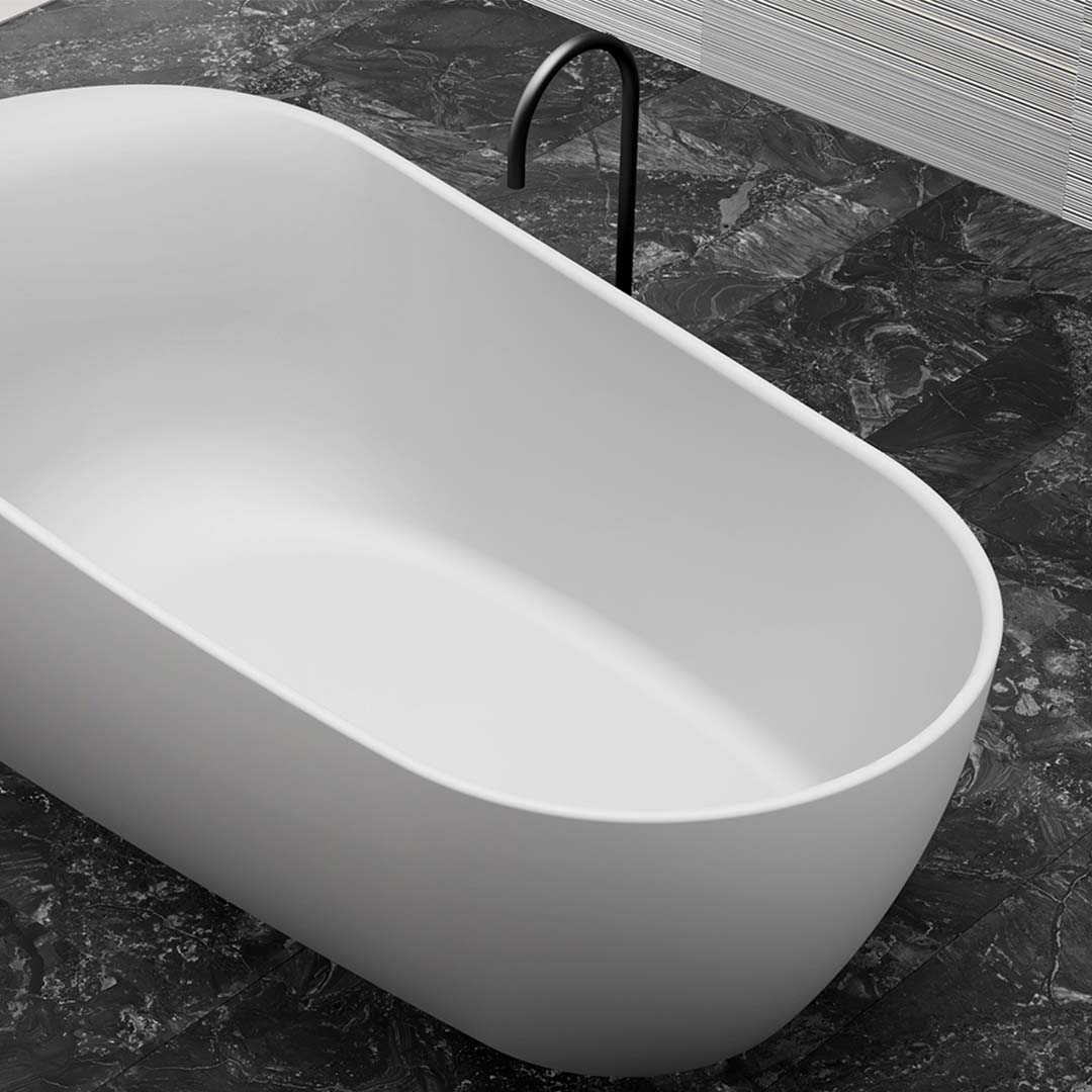 Cada de baie, freestanding, 1800x950x680 mm, din compozit, ovala, margine curbata, alb mat, MonBlari