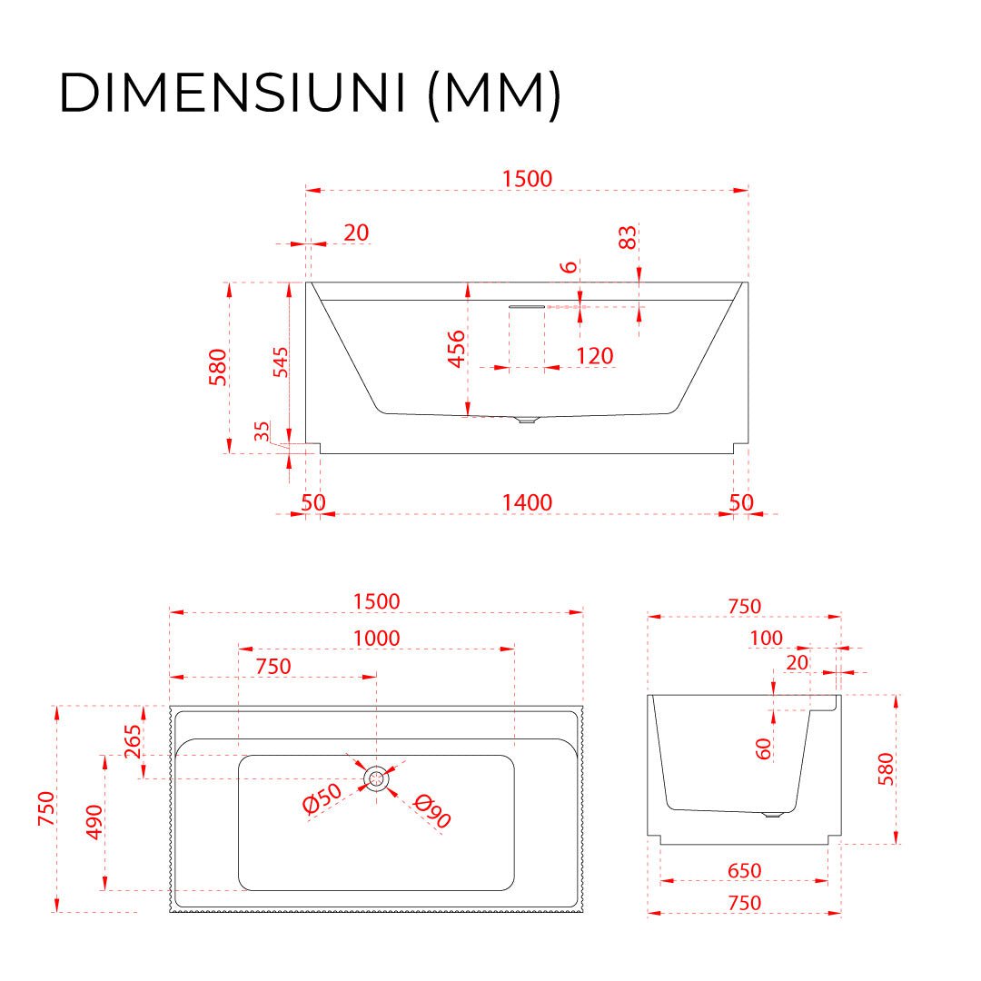 Cadă de baie freestanding Aragon, dreptunghiulară, 150x75x58, alb lucios, cod 4036