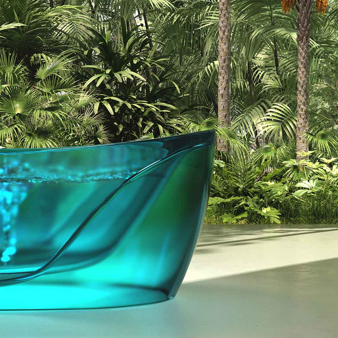 Cada de baie, freestanding, functie jacuzzi, 1700x800x630 mm, din rasina, ovala, curbata, albastru transparent, MonBlari