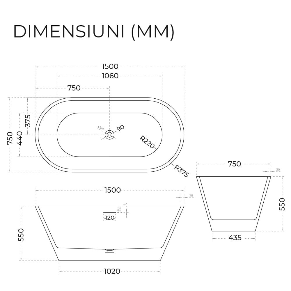 Cadă de baie freestanding Madeira, 150x75x55, alb lucios, cod 4041