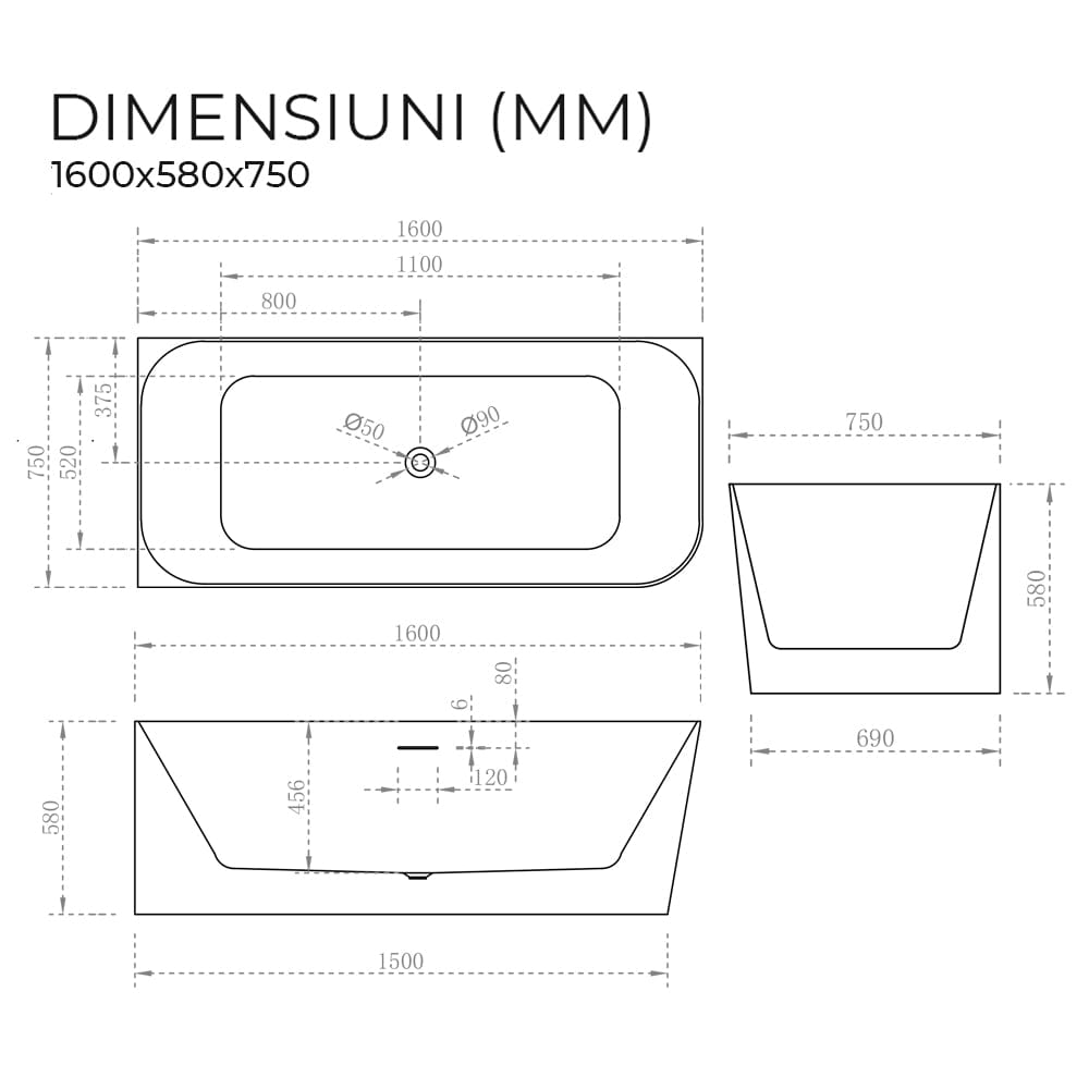 Cadă de colț Maestro, 160x75x58 cm, alb lucios, colț perete dreapta, cod 4022