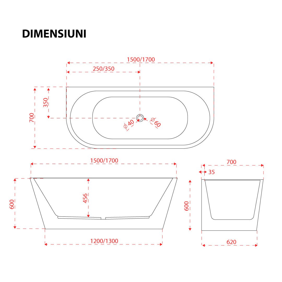 Cadă de perete Algarve, 1700x700x600, alb lucios, cod 4033