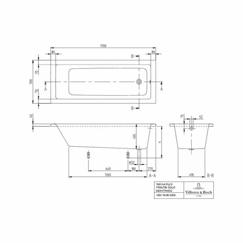Cadă dreptunghiulară Villeroy & Boch, Targa Plus Solo, 170 cm, alb alpin