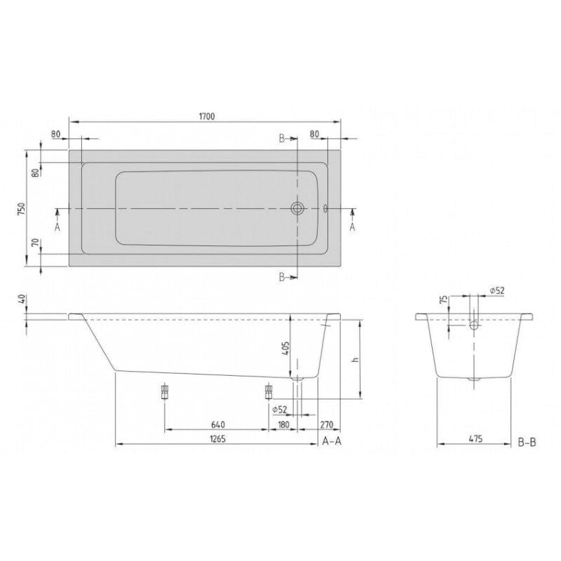 Cadă dreptunghiulară Villeroy & Boch, Targa Plus Solo, 170 x 75, alb alpin