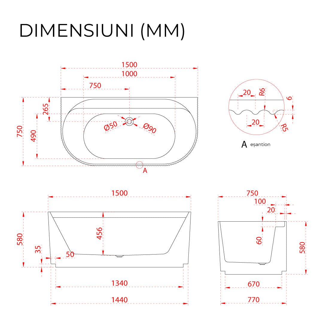 Cadă freestanding, 150x75x58 cm,cu iluminare LED, alb cu riflaje, cod 4024