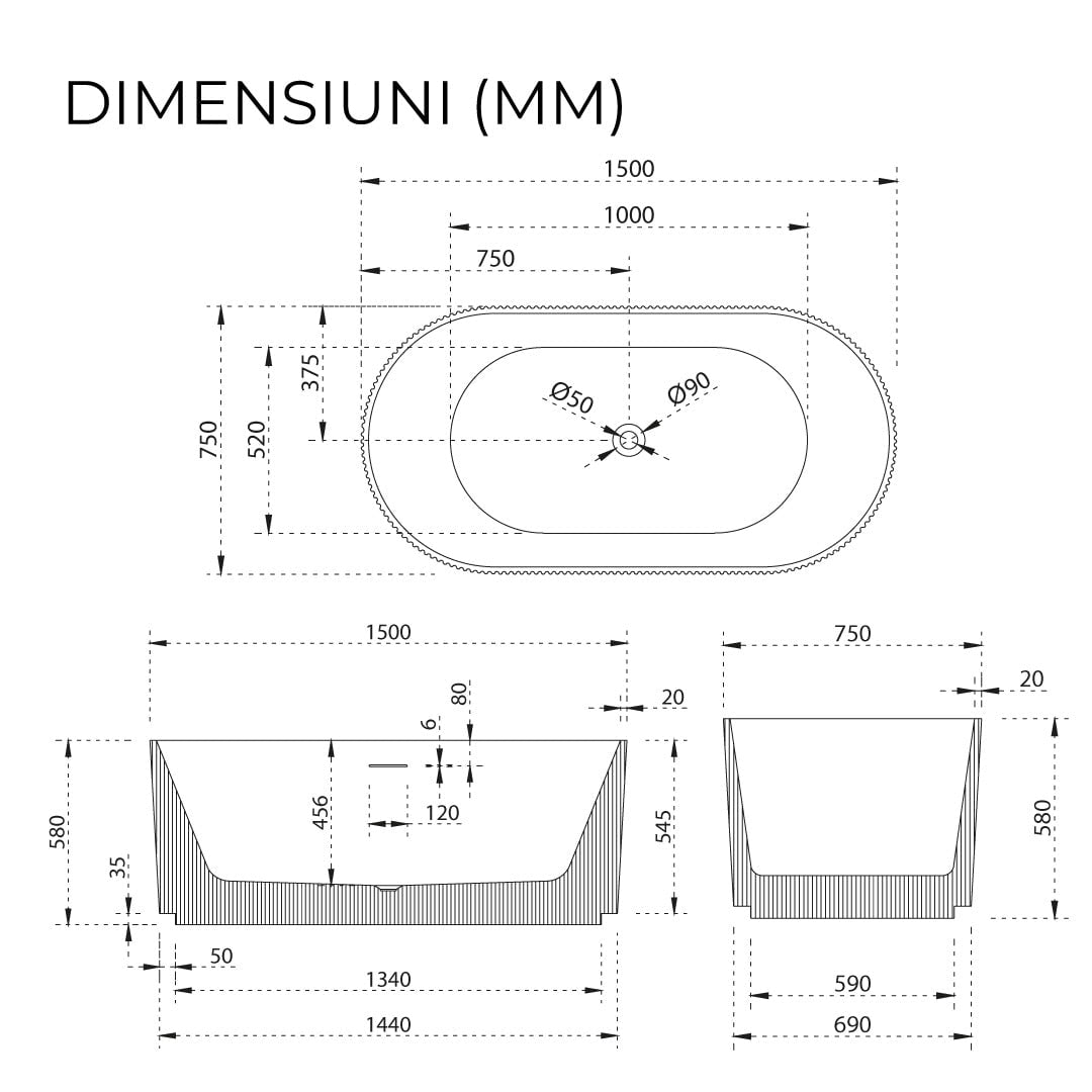 Cadă freestanding Fresco, cu iluminare LED, 150x75x58 cm, alb lucios, cod 4020