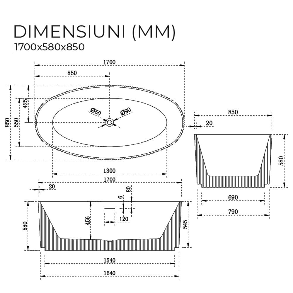 Cadă freestanding ovală Gloria, cu iluminare LED, 170x85x58 cm, alb lucios, cod G4012