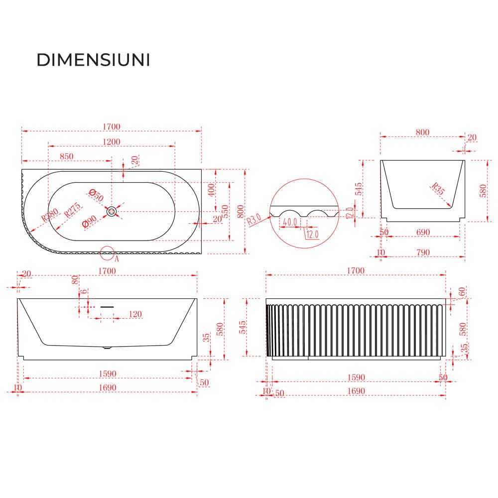 Cadă pe colț Medina, cu iluminare led, 170x80x58, alb lucios, colț perete dreapta, cod 4031
