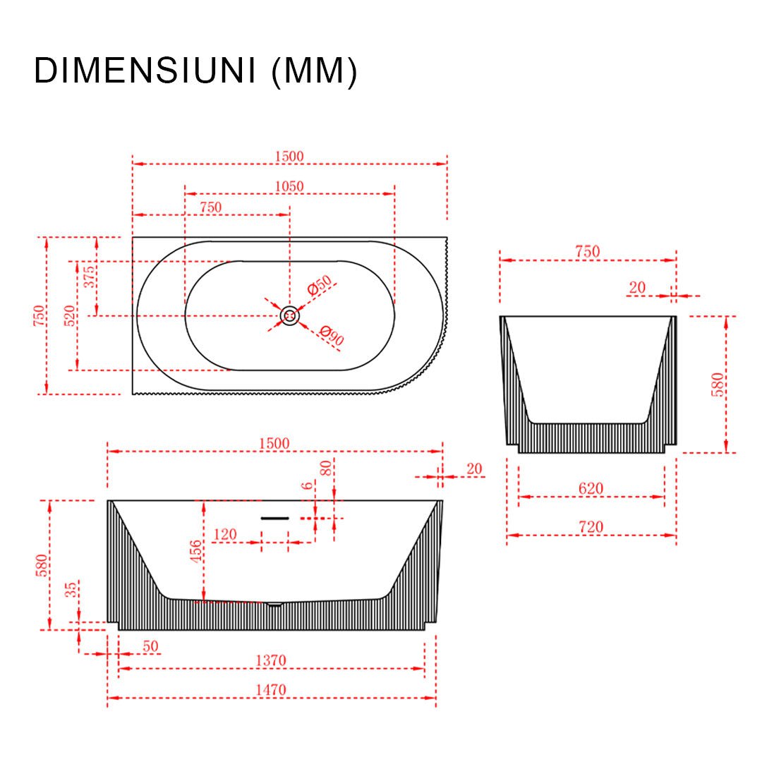 Cadă pe colț Rinascita, cu iluminare LED, 150x75x58 cm, alb lucios, cod 4005, colt perete dreapta