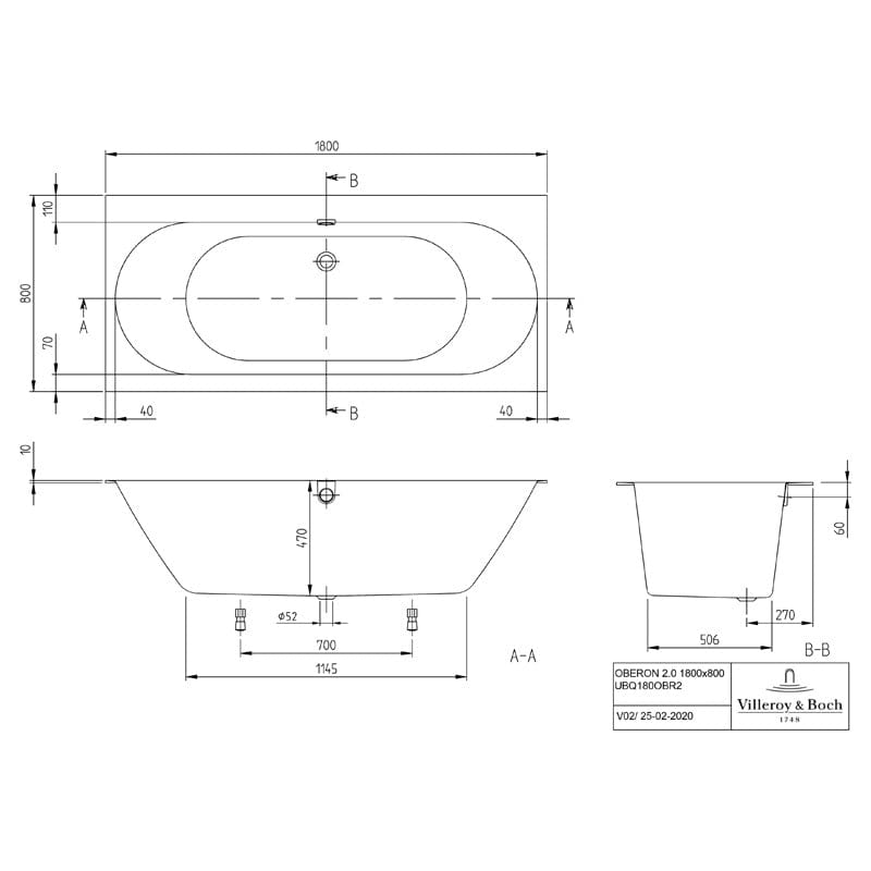 Cadă pentru înzidire Villeroy & Boch, Oberon, dreptunghiulară, 180 cm, alb alpin