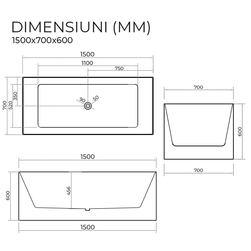 Cadă rectangulară Eclipse, 150x70x60 cm, alb lucios, cod 4003