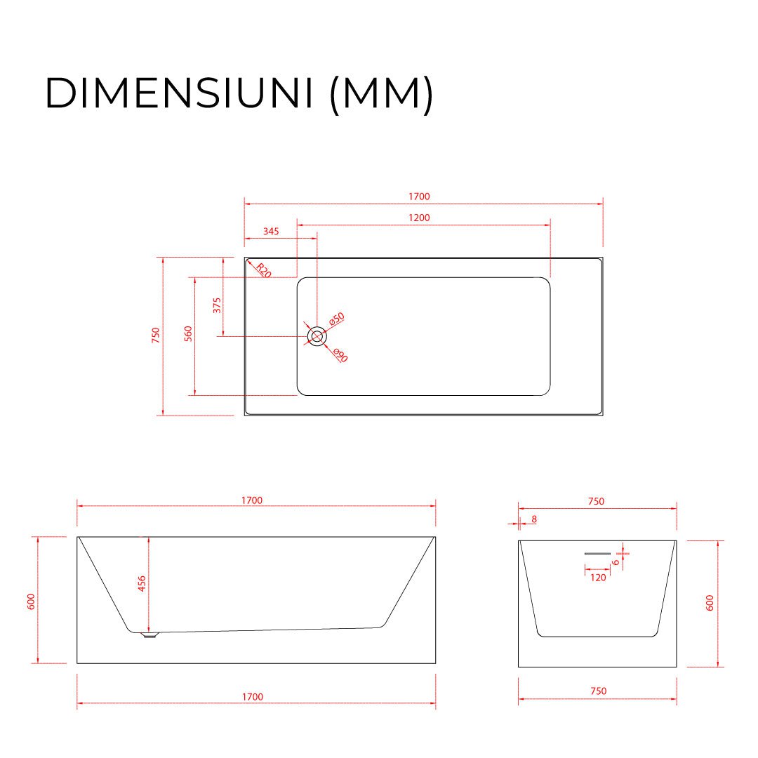 Cadă rectangulară Eclipse, 170x75x60 cm, alb lucios, cod 4004