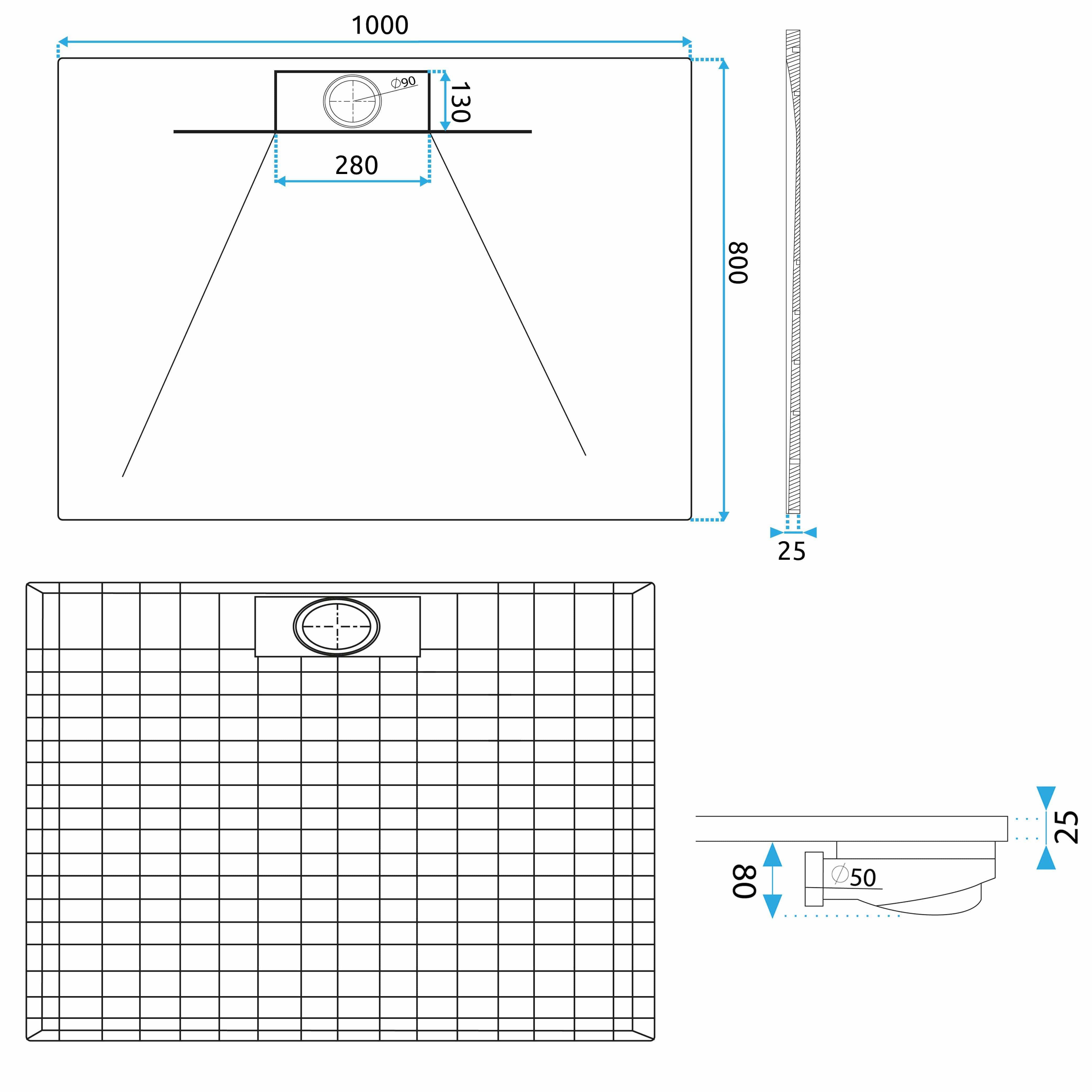 Cădiță de duș Rea Bazalt long, profil jos, alb, 80x100 cm