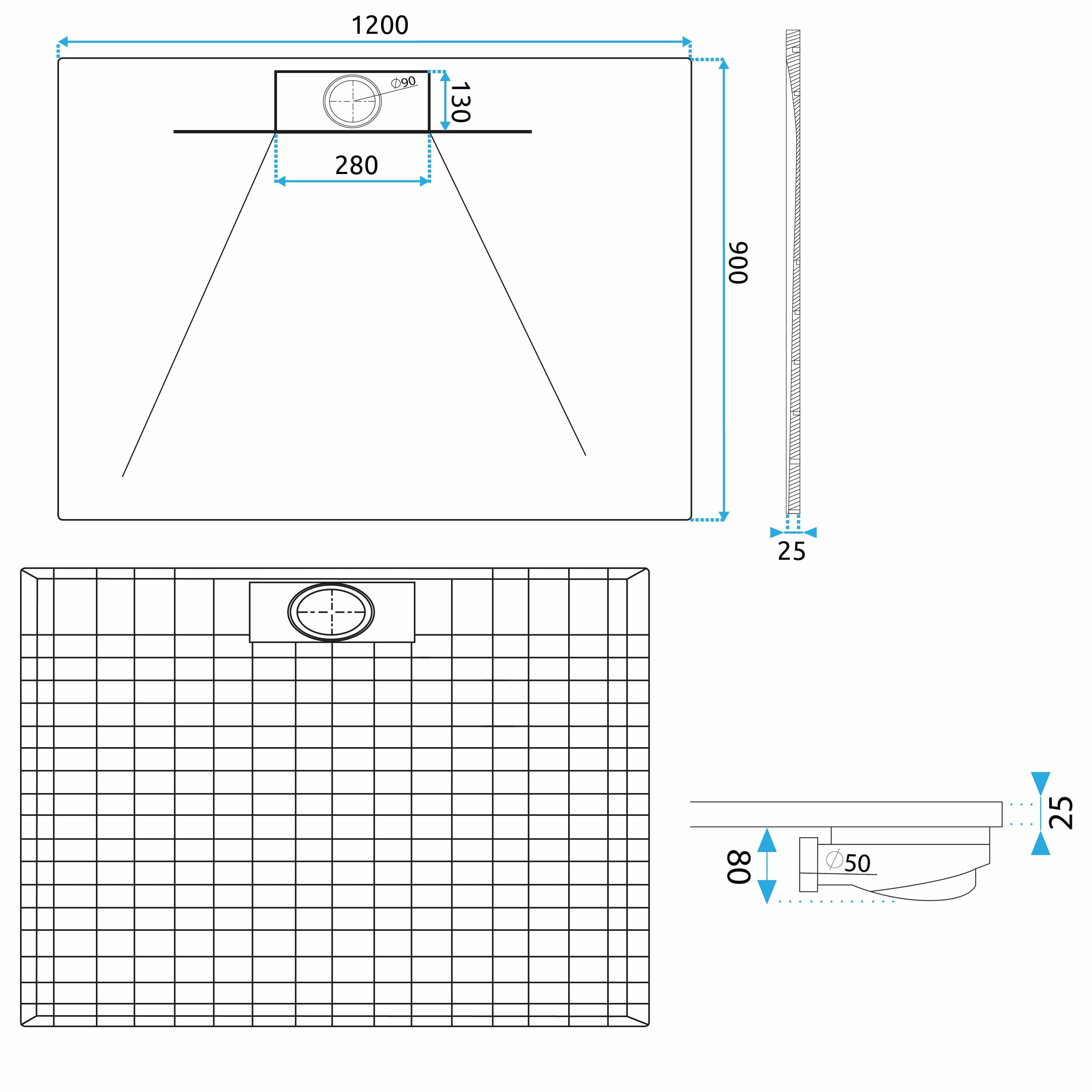Cădiță de duș Rea Bazalt long, profil jos, negru, 90x120 cm