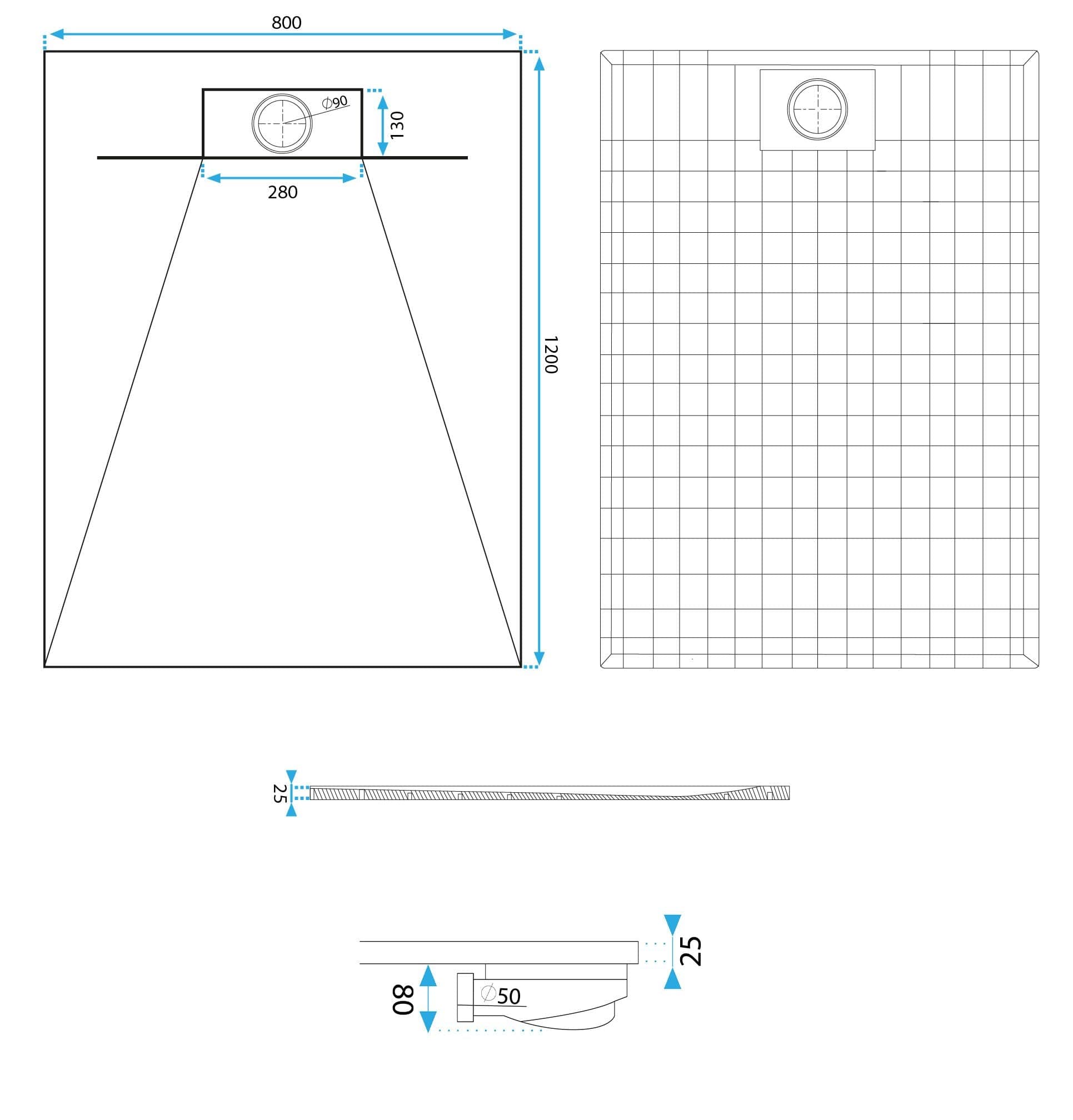 Cădiță de duș Rea Bazalt, profil jos, negru, 80x120 cm
