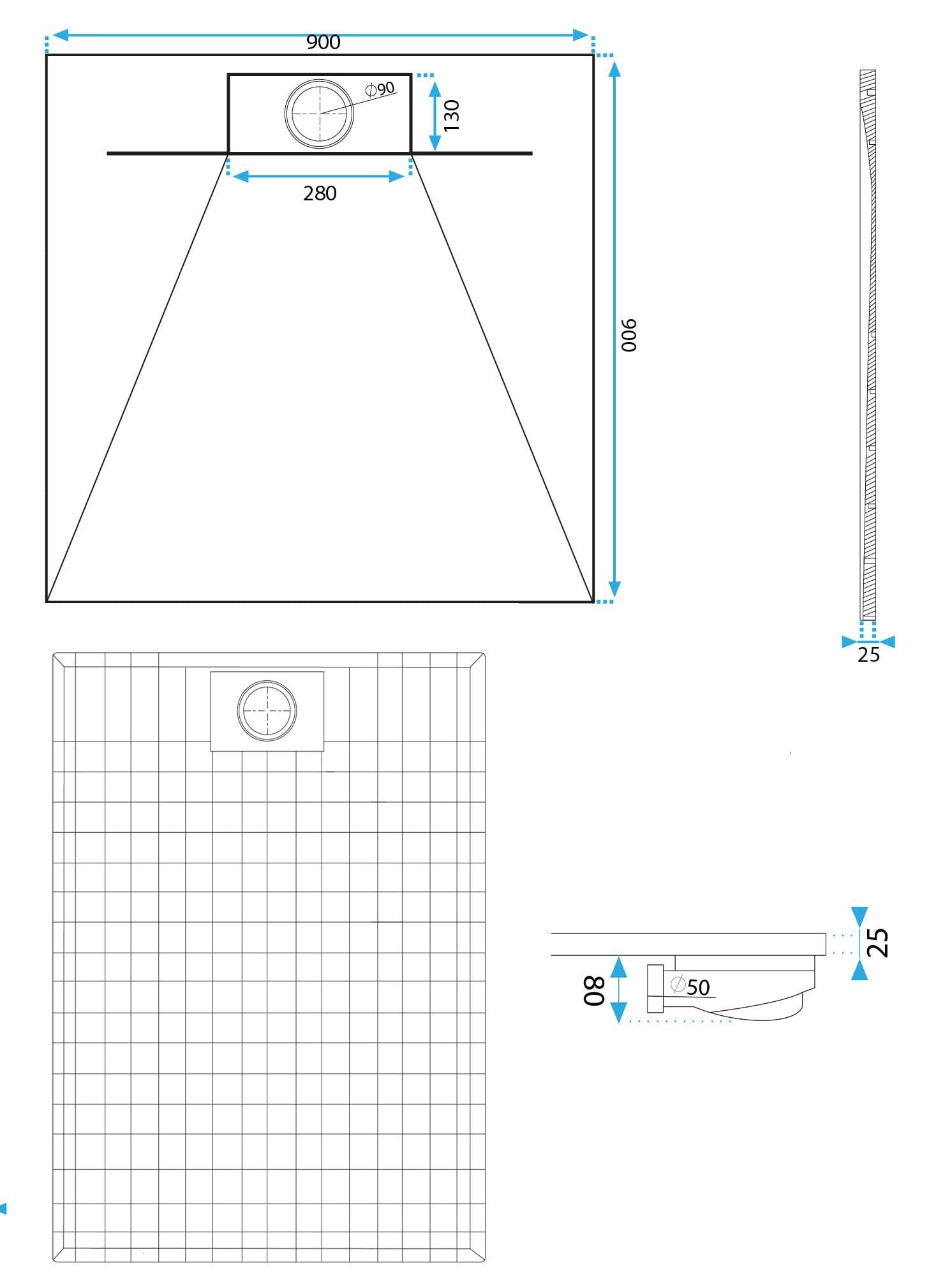 Cădiță de duș Rea Bazalt, profil jos, negru, 90x90 cm