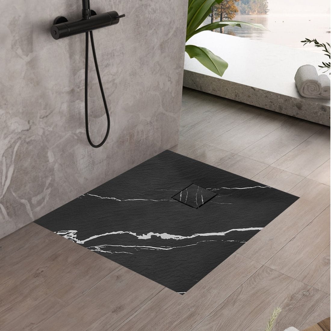 Cadita de dus Rea Magnum Carrara, negru, 90x90 cm