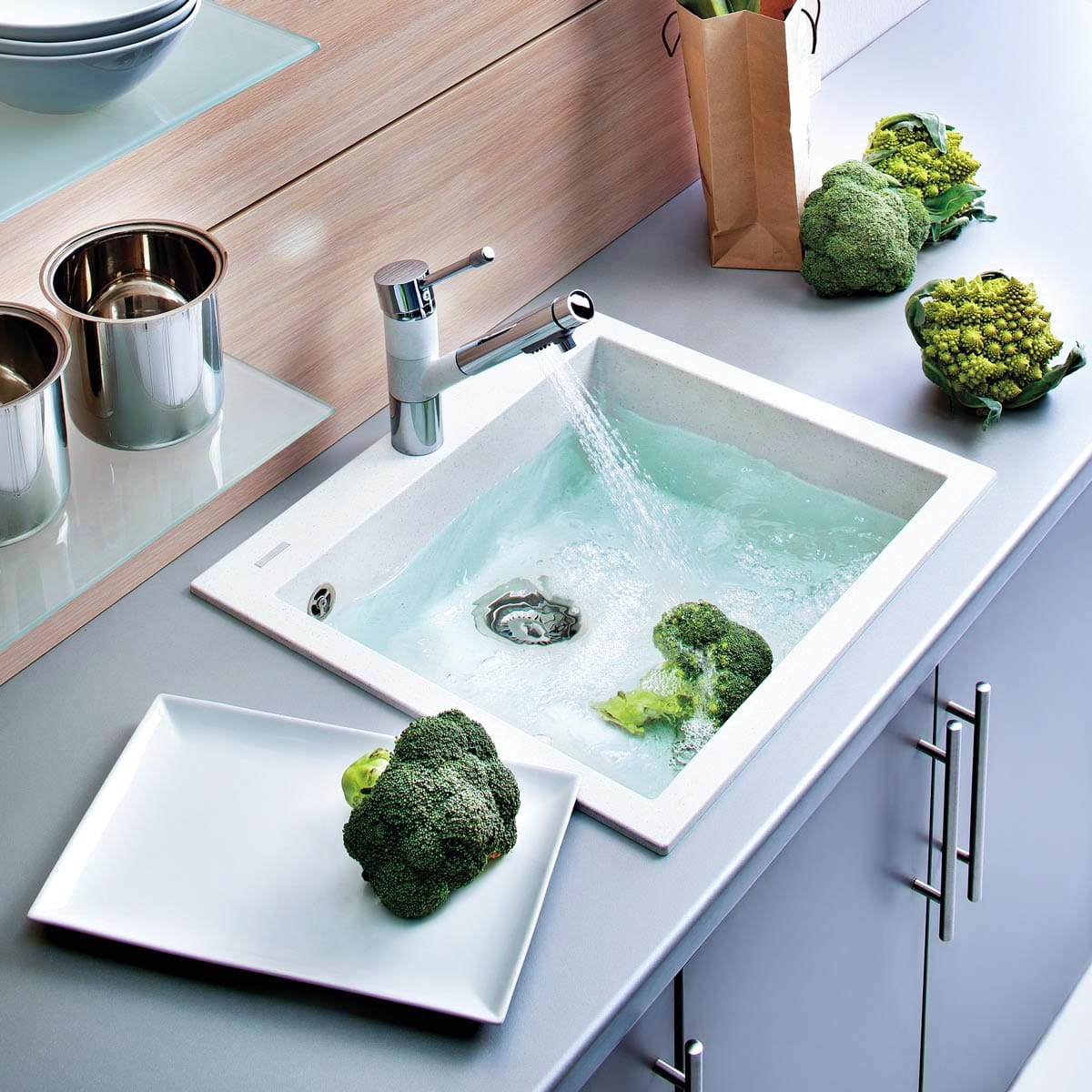 Chiuveta bucatarie granit CookingAid Cube ON6010 Alba / Polar White + accesorii montaj, 600x510x200 mm