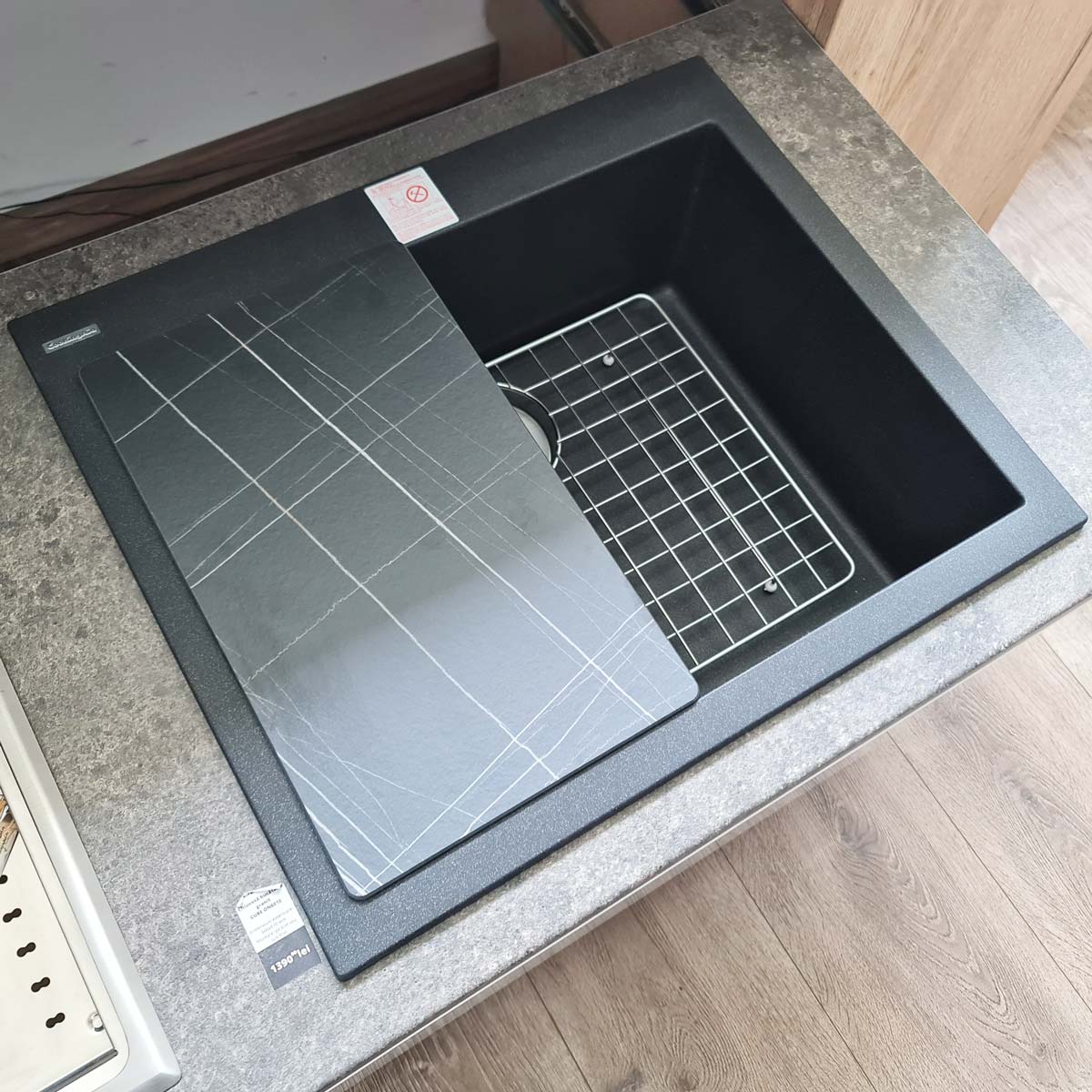 Chiuveta bucatarie granit CookingAid Cube ON6010 Neagra + accesorii montaj, 600x510x200 mm