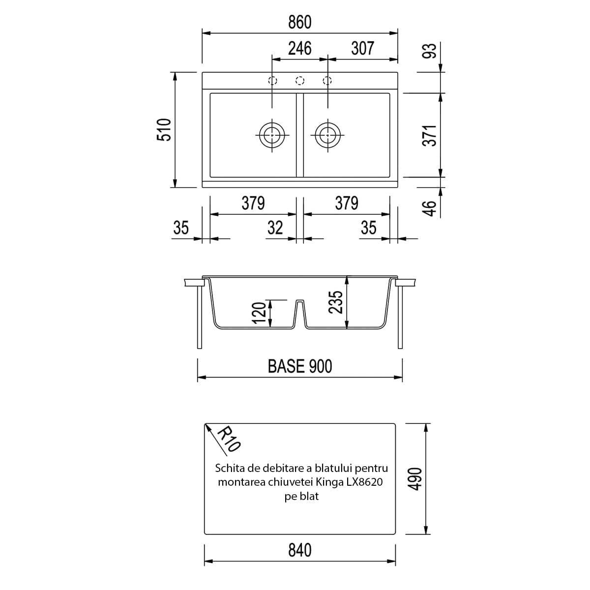 Chiuveta bucatarie granit dubla cu 2 cuve, 2 tocatoare, Alba / Polar White + accesorii montaj, 860x510x235 mm, cod: 6002