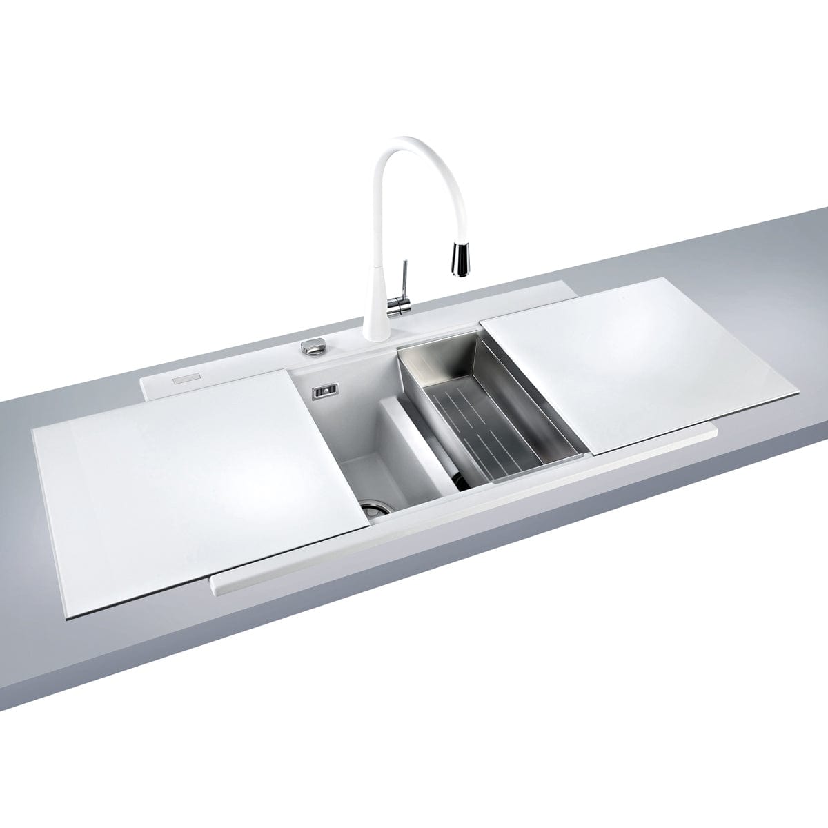 Chiuveta bucatarie granit dubla cu 2 cuve, 2 tocatoare, Alba / Polar White + accesorii montaj, 860x510x235 mm, cod: 6002