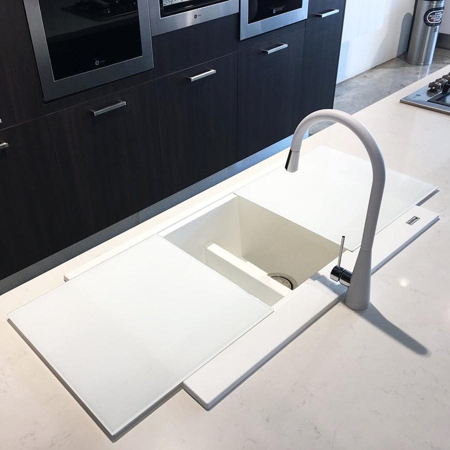 Chiuveta bucatarie granit dubla cu 2 cuve, 2 tocatoare, Alba / Polar White + accesorii montaj, 860x510x235 mm, cod: 6002