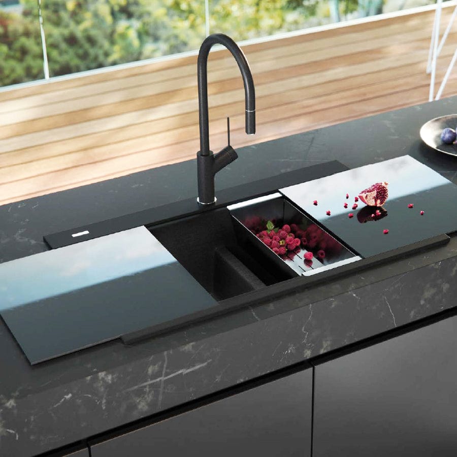 Chiuveta bucatarie granit dubla cu 2 cuve, 2 tocatoare, Neagra + accesorii montaj, 860x510x235 mm cod: 6001