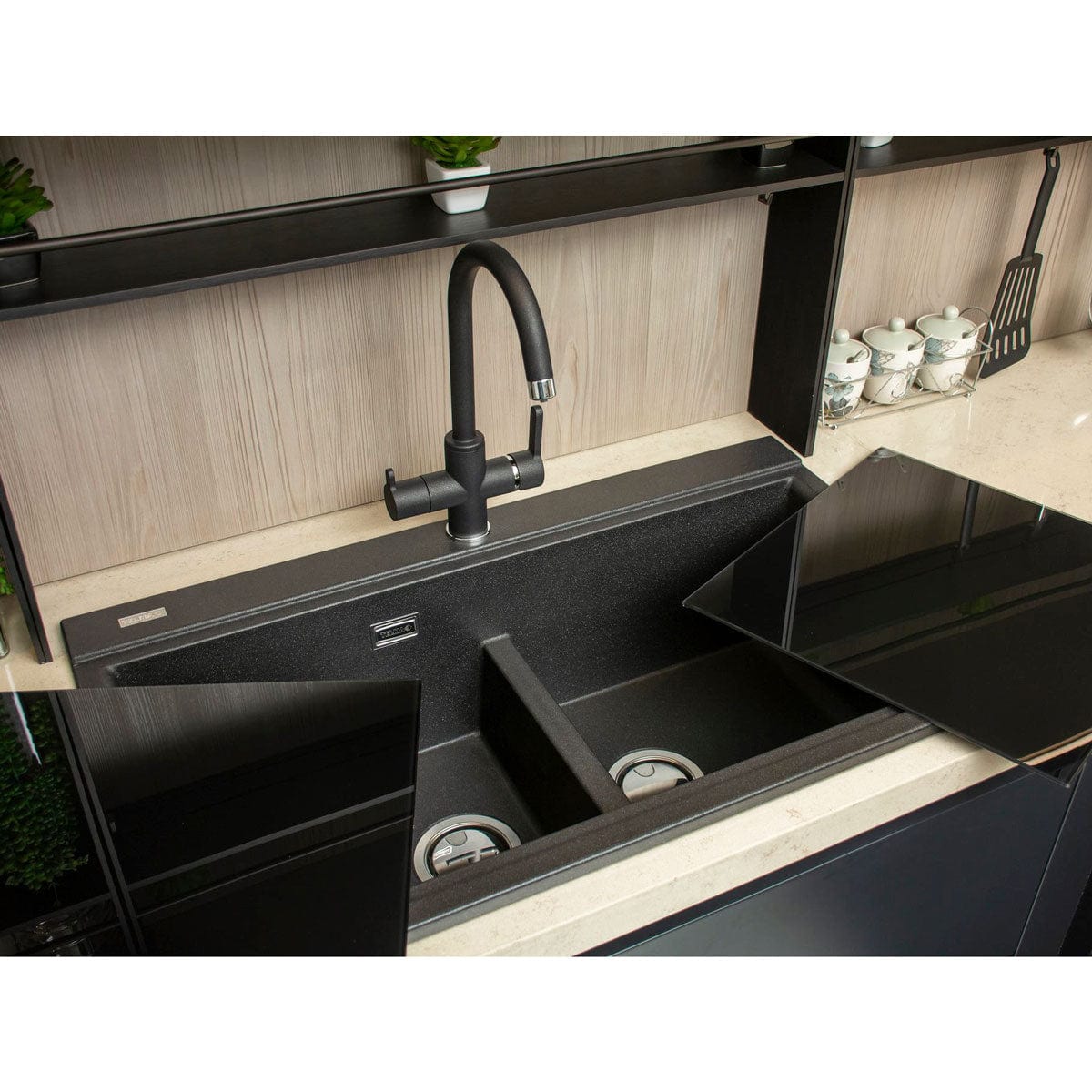 Chiuveta bucatarie granit dubla cu 2 cuve, 2 tocatoare, Neagra + accesorii montaj, 860x510x235 mm cod: 6001