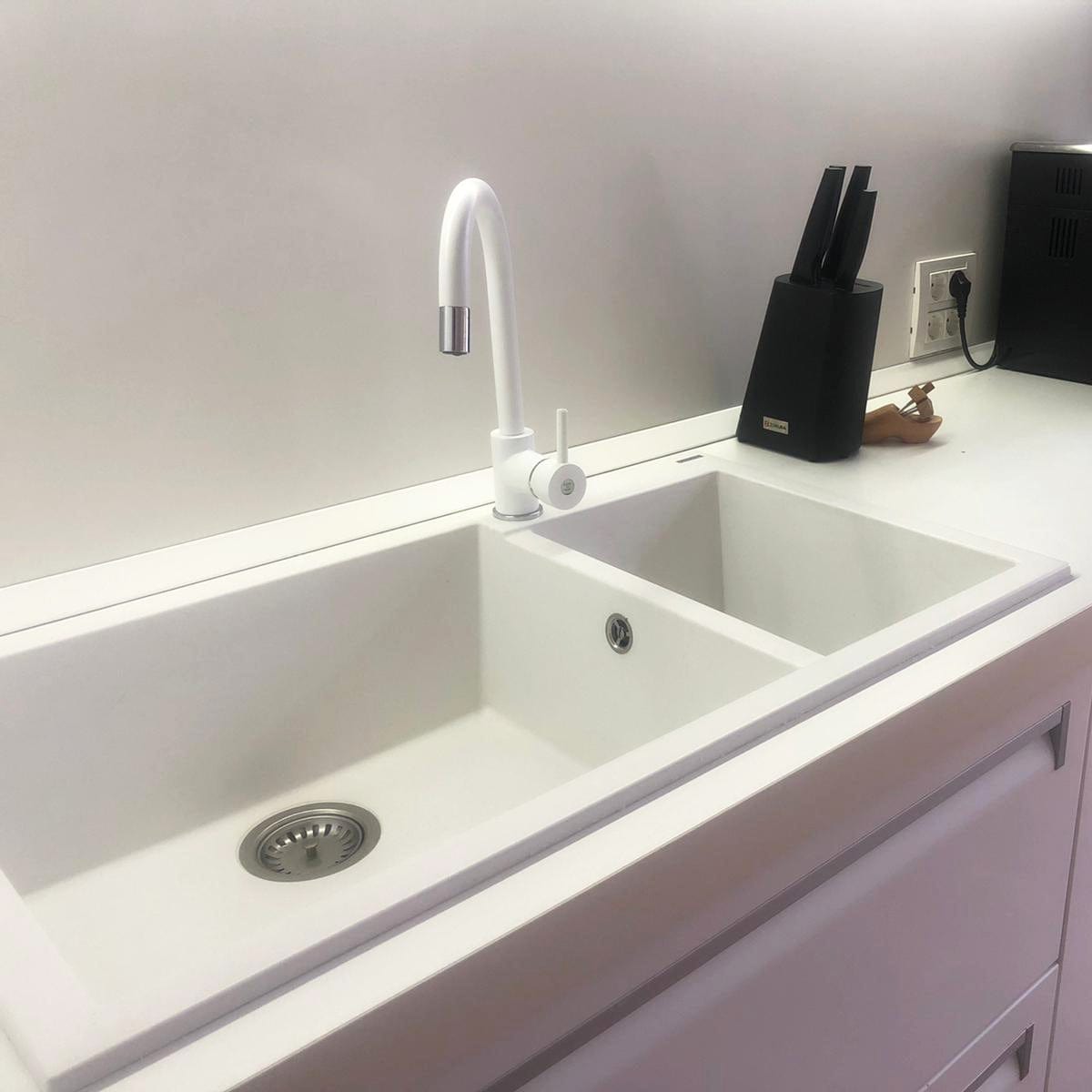 Chiuveta bucatarie granit dubla cu 2 cuve Alba / Polar White + accesorii montaj, 860x500x200 mm, cod 6063