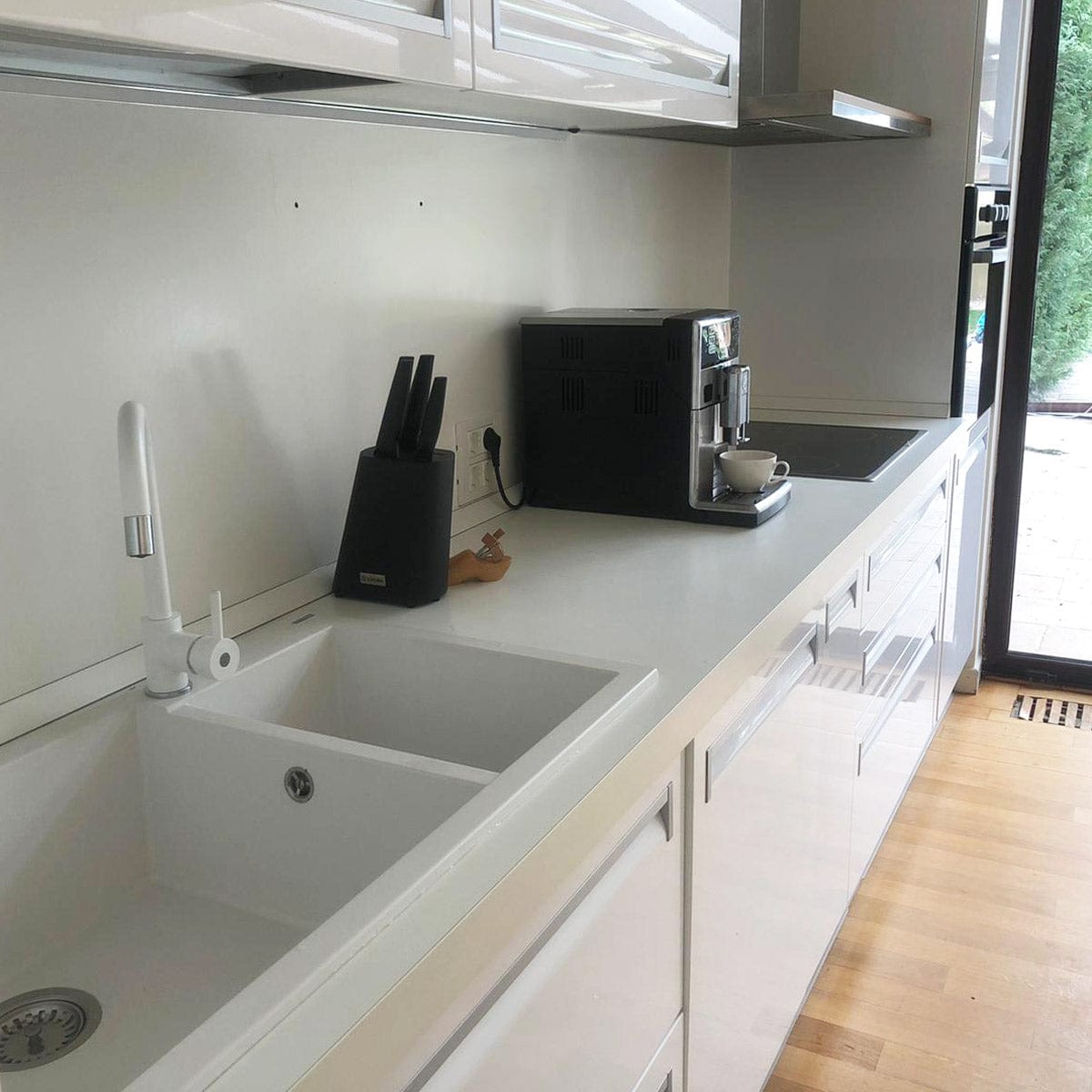 Chiuveta bucatarie granit dubla cu 2 cuve Alba / Polar White + accesorii montaj, 860x500x200 mm, cod 6063