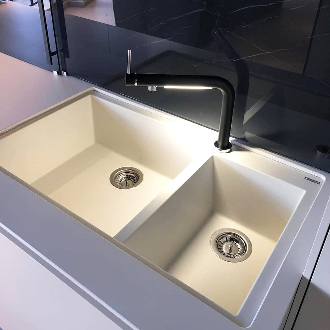 Chiuveta bucatarie granit dubla cu 2 cuve Alba / Polar White + accesorii montaj, 860x500x200 mm, cod 6063