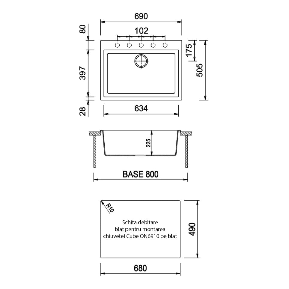 Chiuveta bucatarie granit Neagra / Black Metal quartz + accesorii montaj, 690x505x225 mm, cod 6059