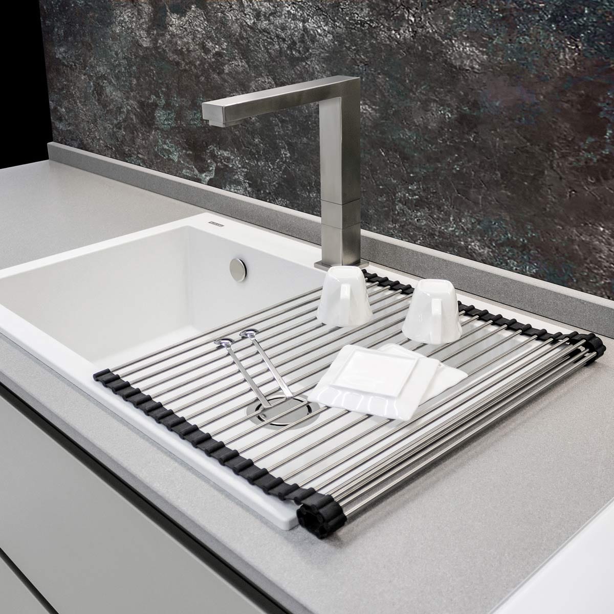 Chiuveta bucatarie granit Polar White + accesorii montaj, 760x500x200 mm, cod 6012