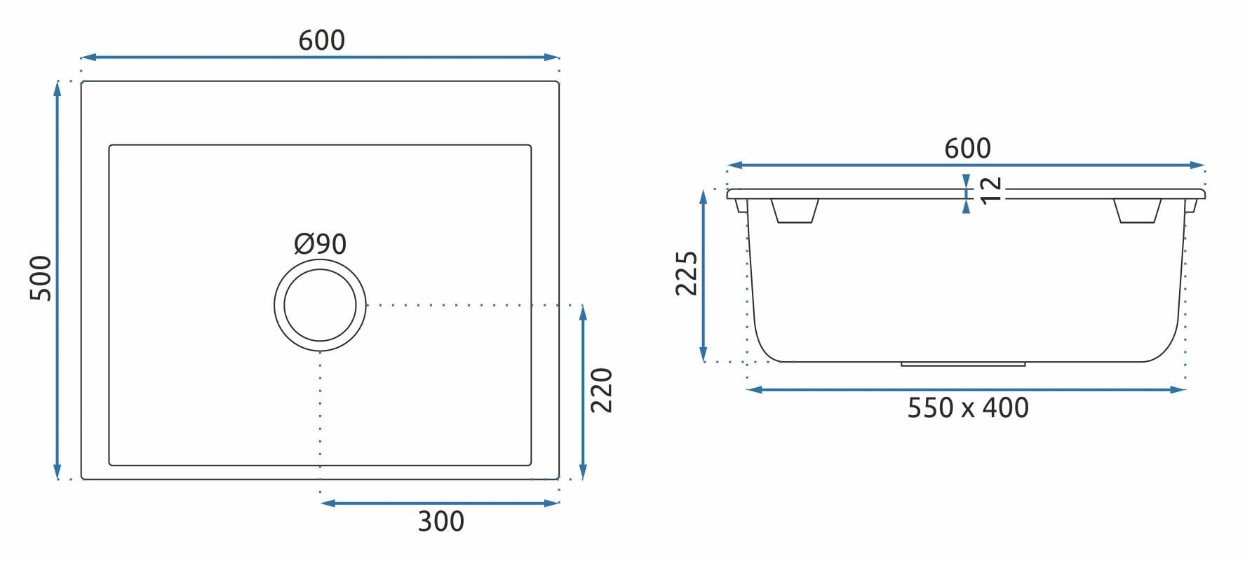 Chiuvetă bucătărie granit Rea Lin negru, 500x600x225 mm