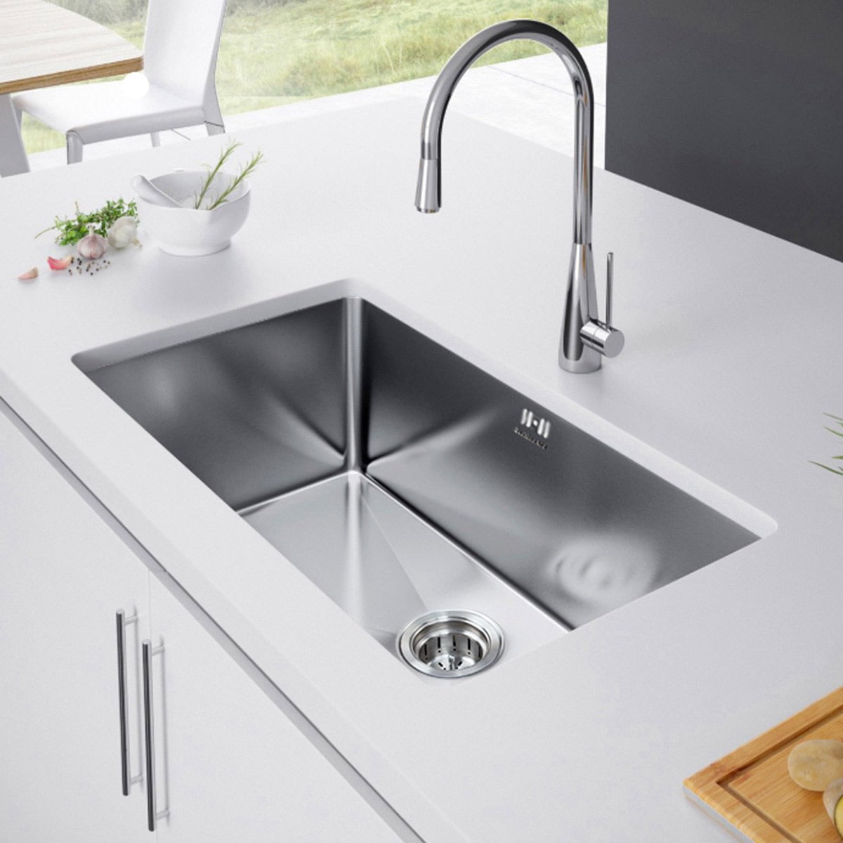 Chiuveta bucatarie inox CookingAid HERA LARGE cu dozator detergent, scurgator, gratar rulabil inox, tocator+accesorii montaj, 750x440x230mm