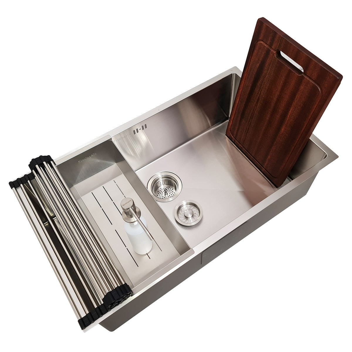 Chiuveta bucatarie inox CookingAid HERA LARGE cu dozator detergent, scurgator, gratar rulabil inox, tocator+accesorii montaj, 750x440x230mm