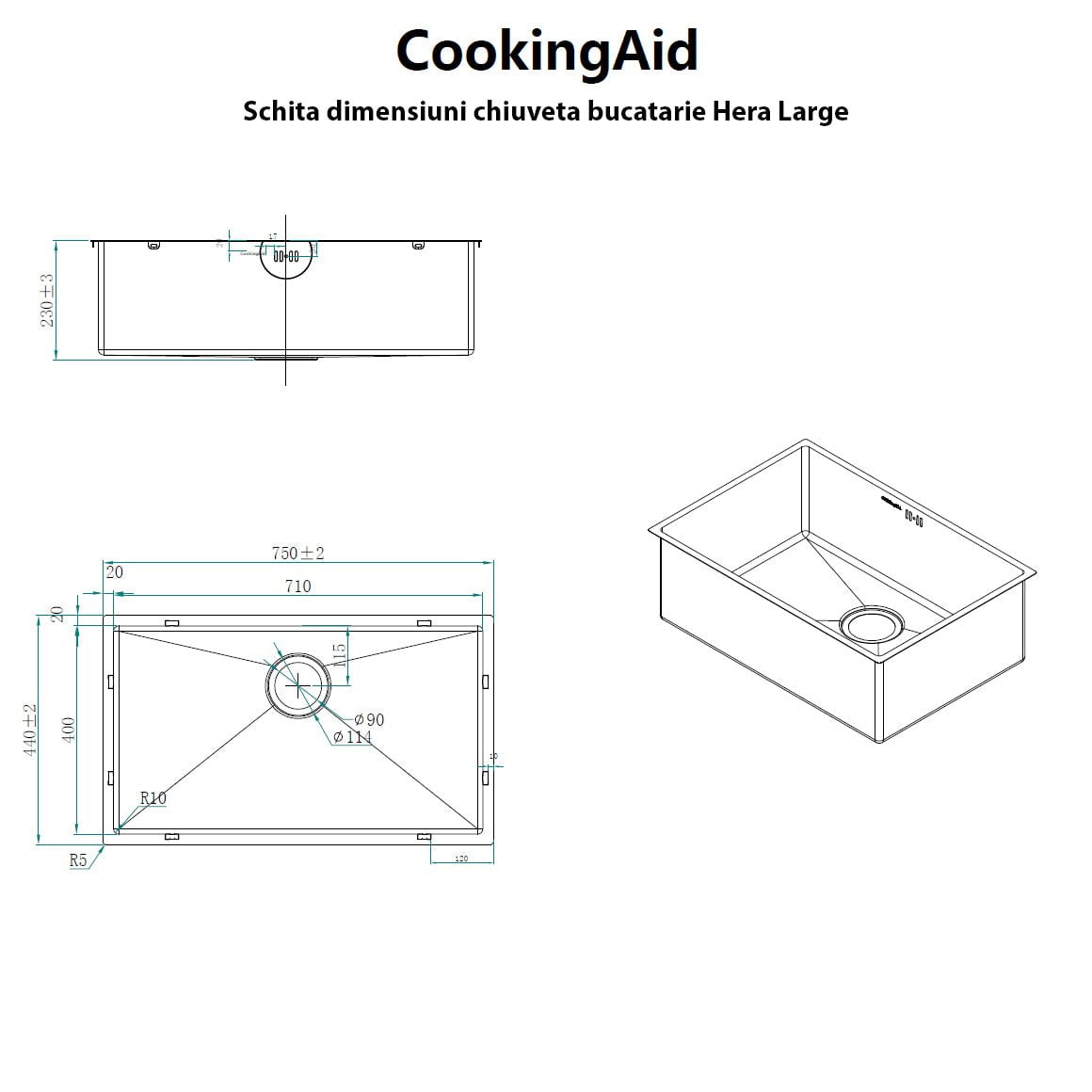 Chiuveta bucatarie inox CookingAid HERA LARGE cu dozator detergent, scurgator, gratar rulabil inox, tocator+accesorii montaj, 750x440x230mm