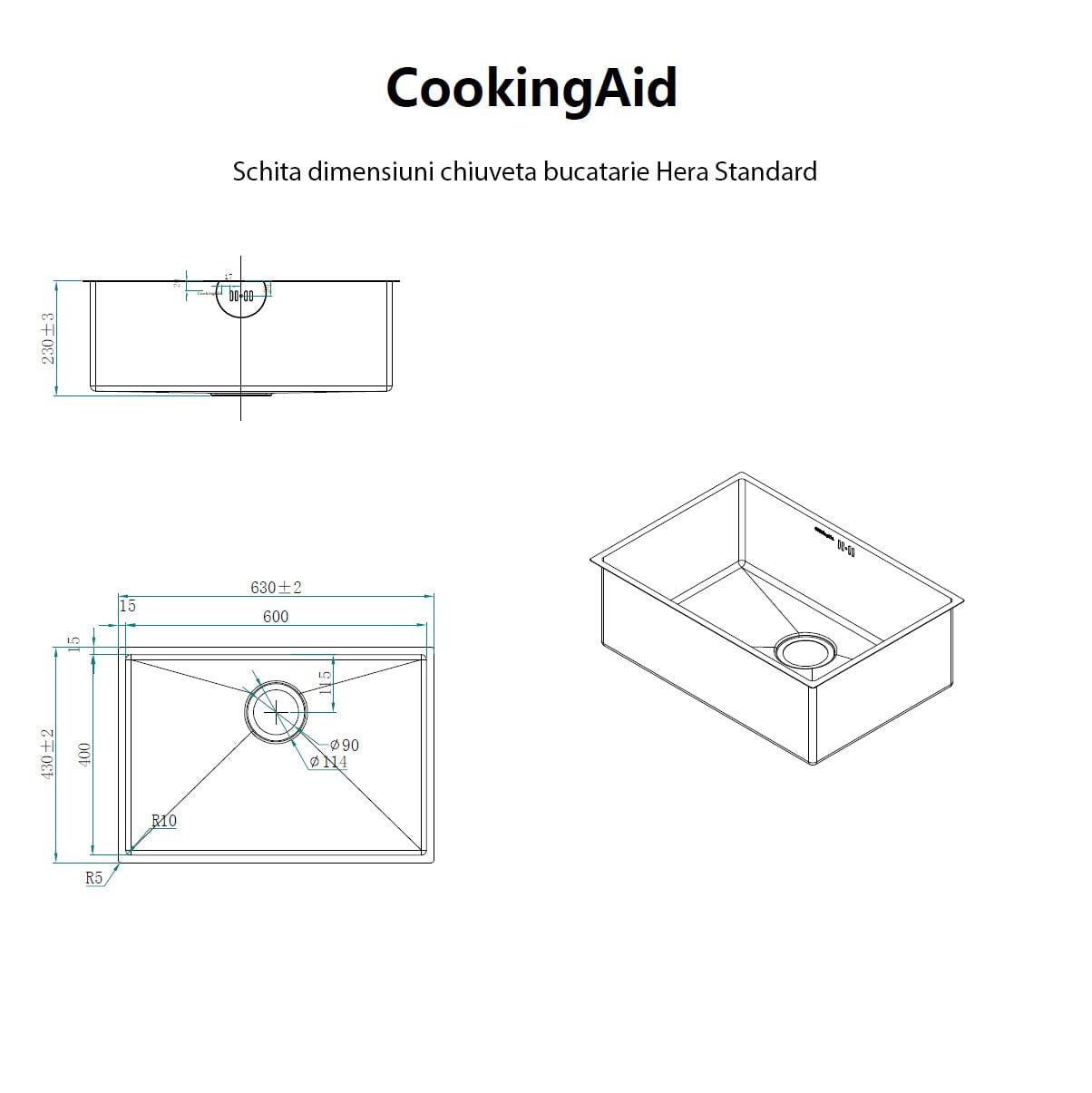 Chiuveta bucatarie inox CookingAid Hera Standard cu dozator detergent, scurgator tavita, gratar rulabil inox si tocator lemn+accesorii montaj, 630x430x230mm