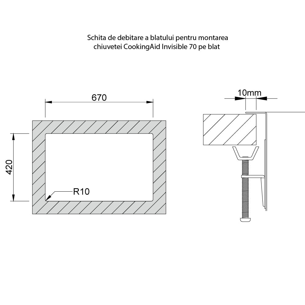 Chiuveta bucatarie inox CookingAid INVISIBLE 70 cu scurgator vase si baterie telescopica integrata, capac scurgere invizibil, tocator sticla temperizata + accesorii montaj, 690x440x200mm